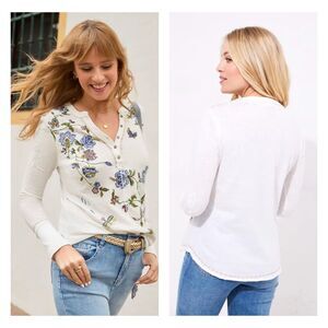 SUNDANCE Summer Blooms Embroidered Jersey Henley Top, Sz S